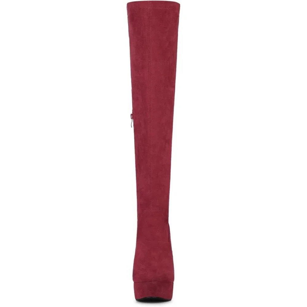 Women Burgundy Suede Chunky Heel Rounded Toe Over the Knee Thigh High Long Boots